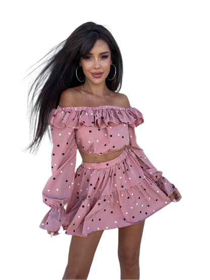 Womens Ruffle Polka Dot Suit Top and Skirt-Shorts Set