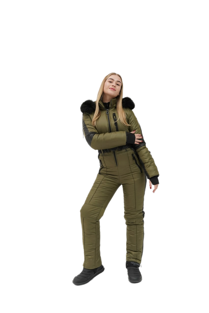 Person wearing a green winter suit with black fur trim on a white background
