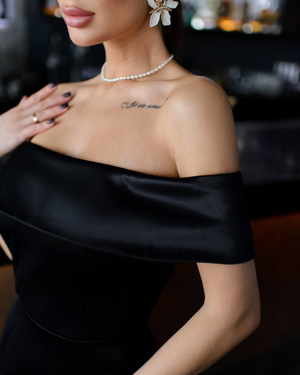 Elegant Women's Off Shoulder Maxi Dress with Side Slit in Black
