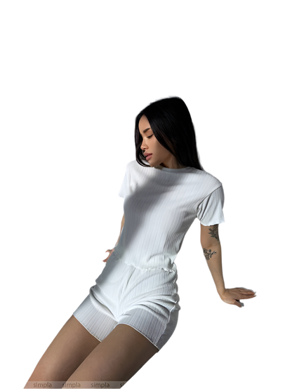 Comfortable White Ribbed Two-Piece Loungewear Set for Home and Outdoor