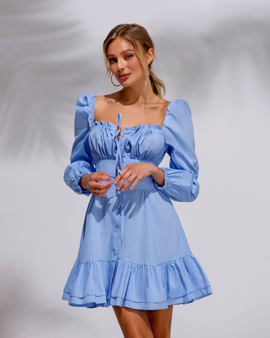 Blue Cotton Casual Dress with Puffy Sleeves and Ruffle Hem