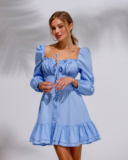Blue Cotton Casual Dress with Puffy Sleeves and Ruffle Hem