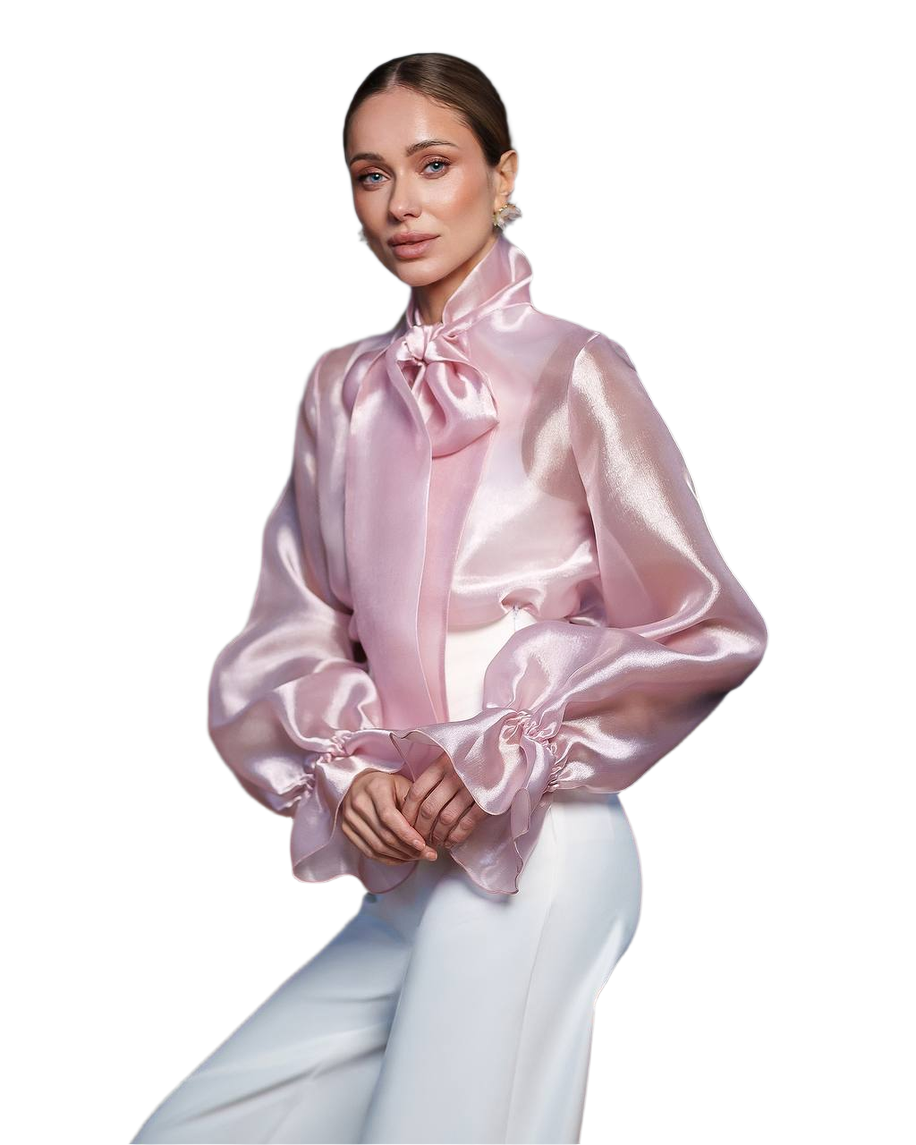 Womens Pink Shine Organza Lux Blouse with Bow