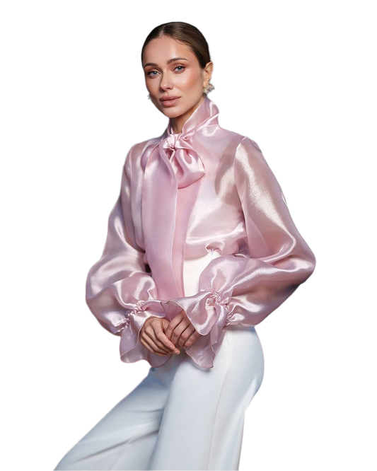 Womens Pink Shine Organza Lux Blouse with Bow