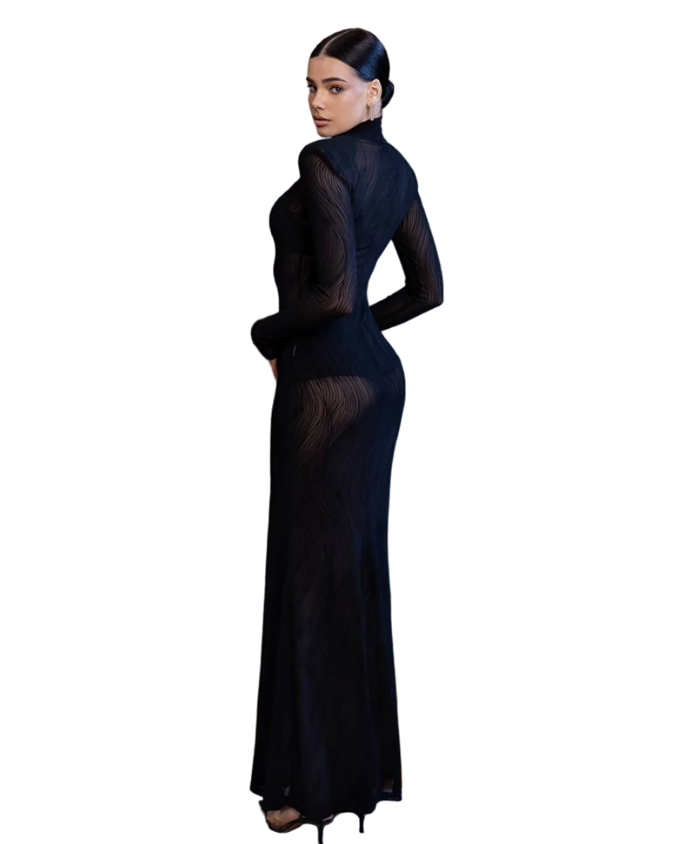 Sheer Jacquard Mesh Maxi Dress with Shorts Set Black