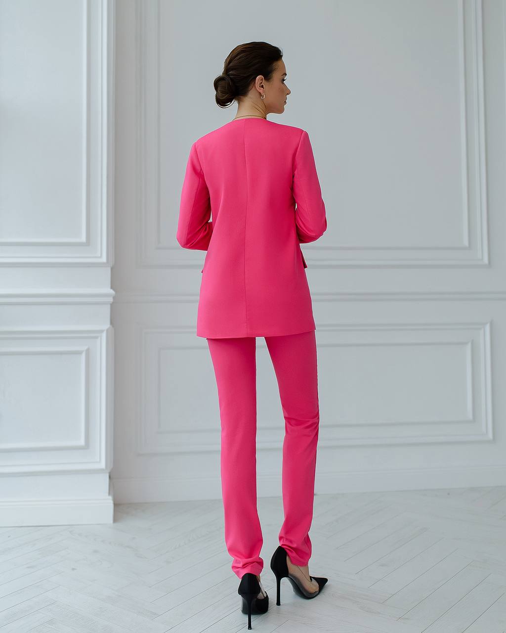 Womens Collarless Suit Jacket with Matching Pants in Raspberry