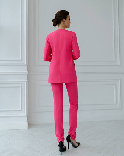 Womens Collarless Suit Jacket with Matching Pants in Raspberry