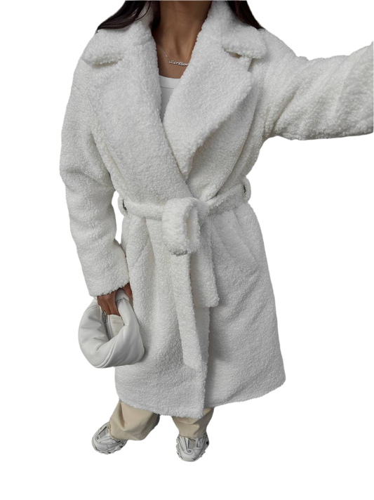 Winter Faux Fur Coat for Women with Belt White Boucle Warm Insulated Outerwear