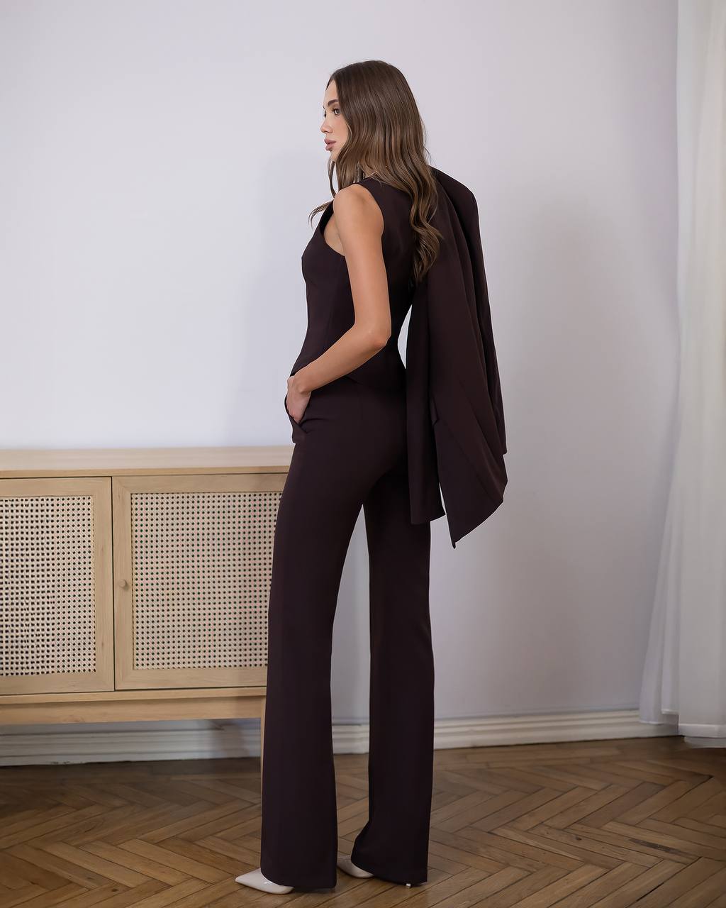 Womens Three Piece Suit with Vest and Trousers in Diagonal Crepe