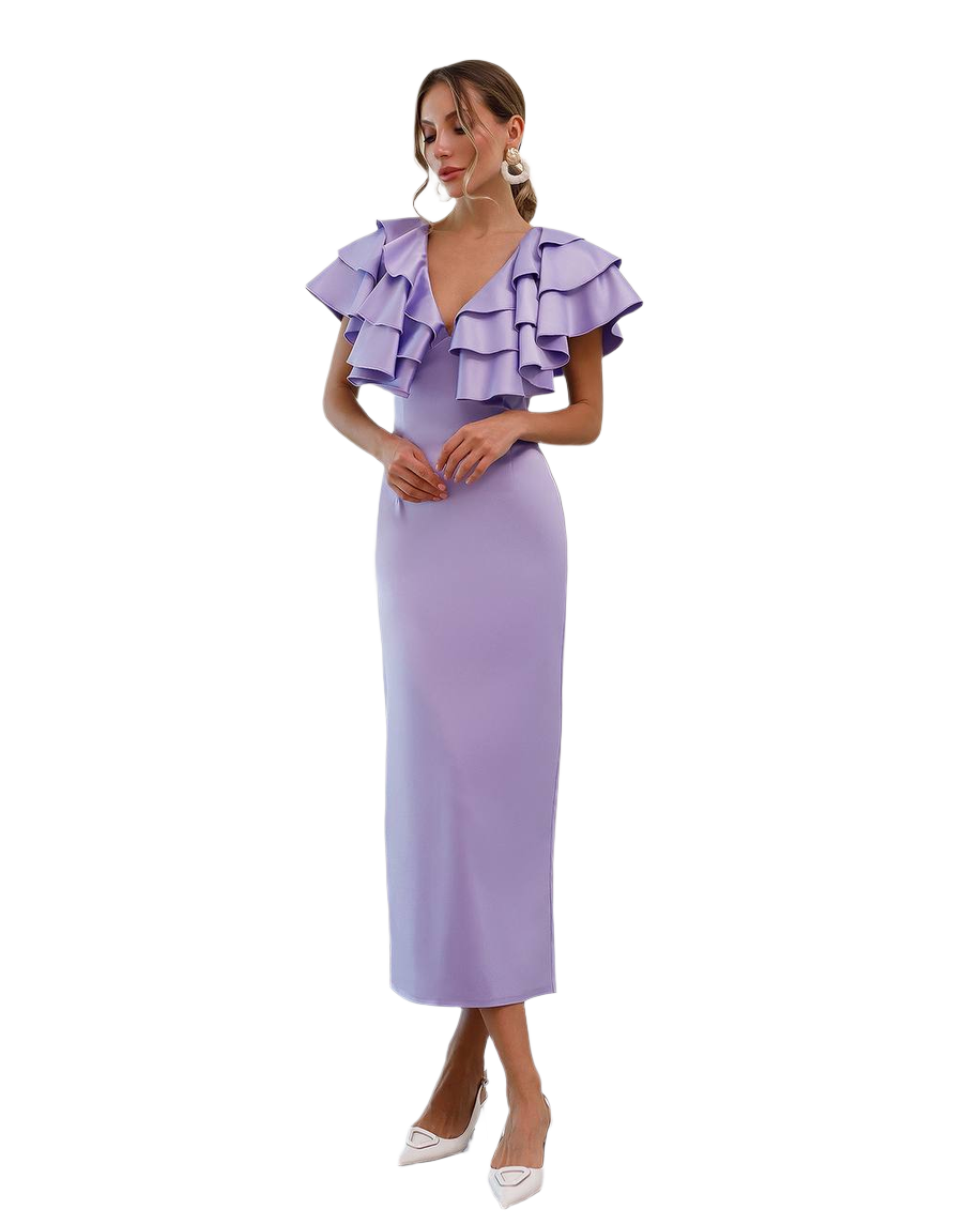 Elegant Midi Dress in Dense Mango Satin with Ruffles