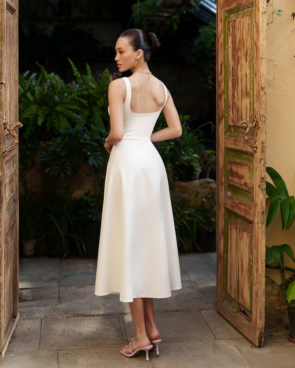 Elegant White Midi Dress Premium Suit Crepe-Diagonal