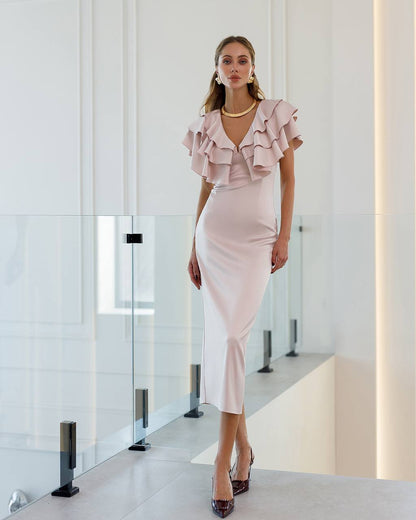 Elegant Midi Dress in Premium Mango Satin with Ruffle Details