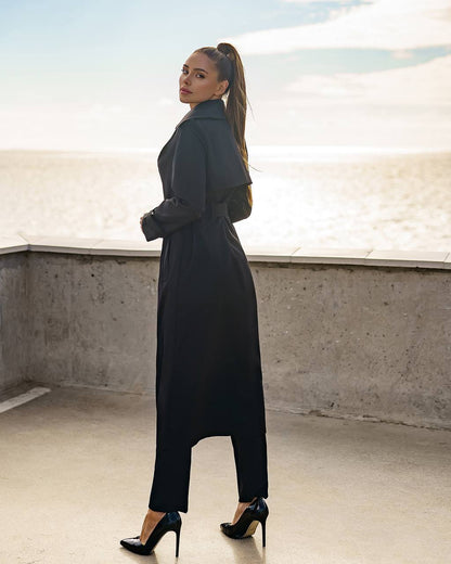 Stylish Black Trench Coat for Women with Belt and Pockets