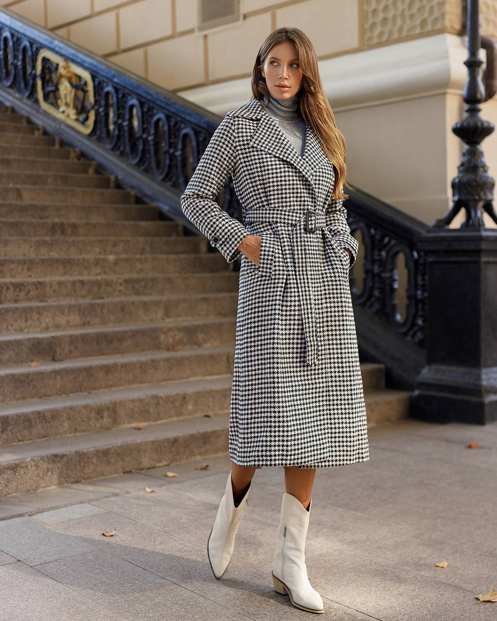 Womens Houndstooth Turkish Coat with Belt