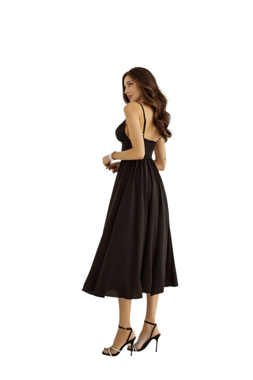 Woman wearing a black dress on a white background