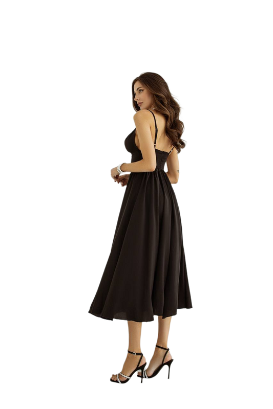 Woman wearing a black dress on a white background