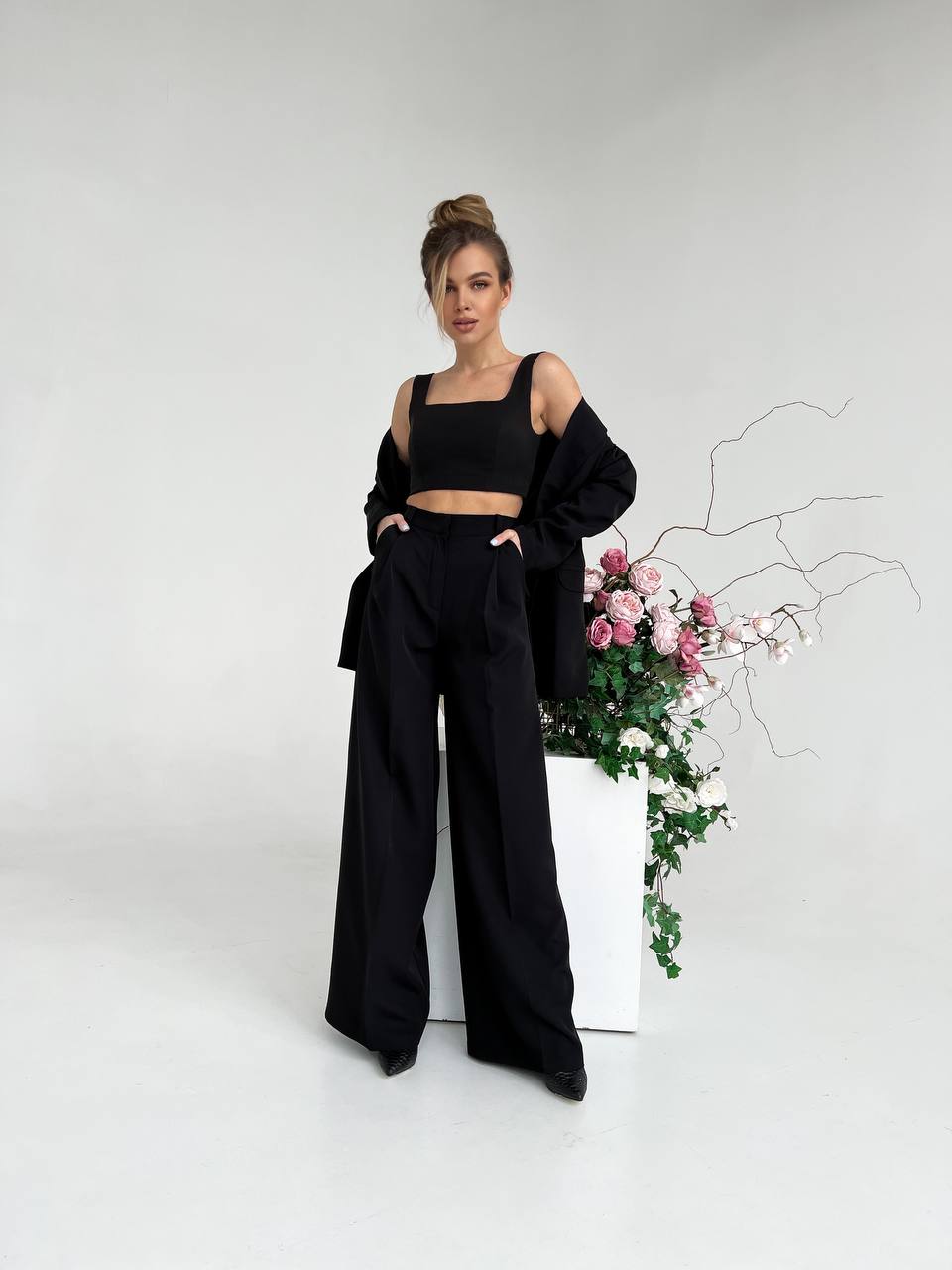 Black Palazzo Suit for Women Diagonal Crepe Tailored Wide Leg Pantsuit