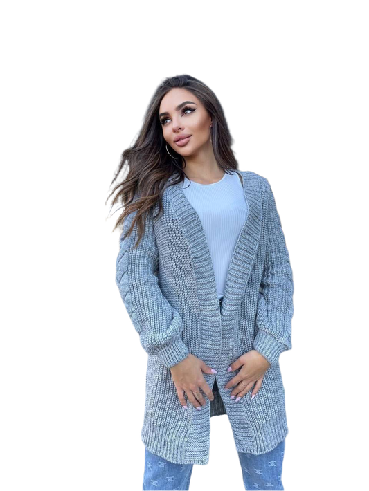 Warm Grey Cable Sleeve Knit Cardigan for Women