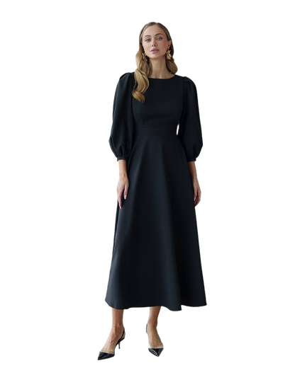 Elegant Midi Dress with Puff Sleeves and Cutout Back in Black