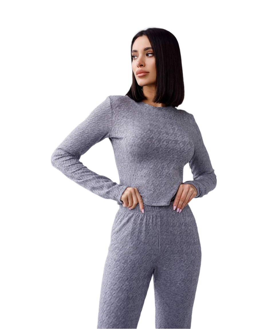 Womens Knitted Jersey Suit Long Sleeve Top and Pants Grey Black