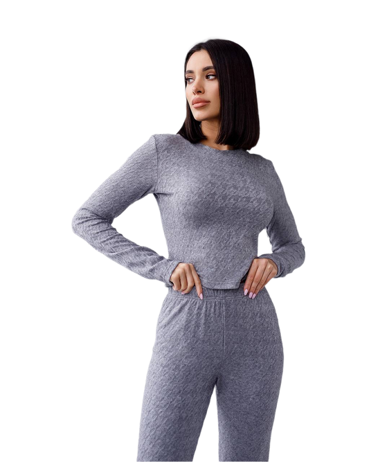 Womens Knitted Jersey Suit Long Sleeve Top and Pants Grey Black