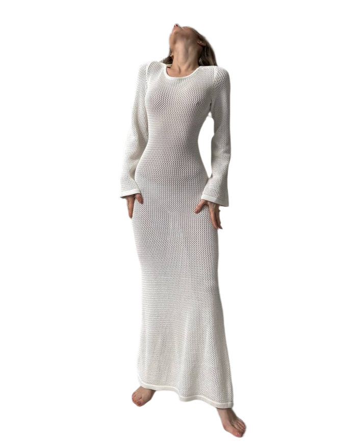 White Luxury Cotton Knitted Tunic Dress with Open Back and Tie Closure