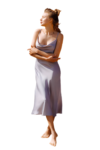Silk Combination Dress for Women Light Blue Elegant Midi Length