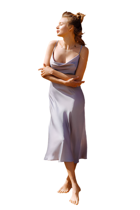 Silk Combination Dress for Women Light Blue Elegant Midi Length