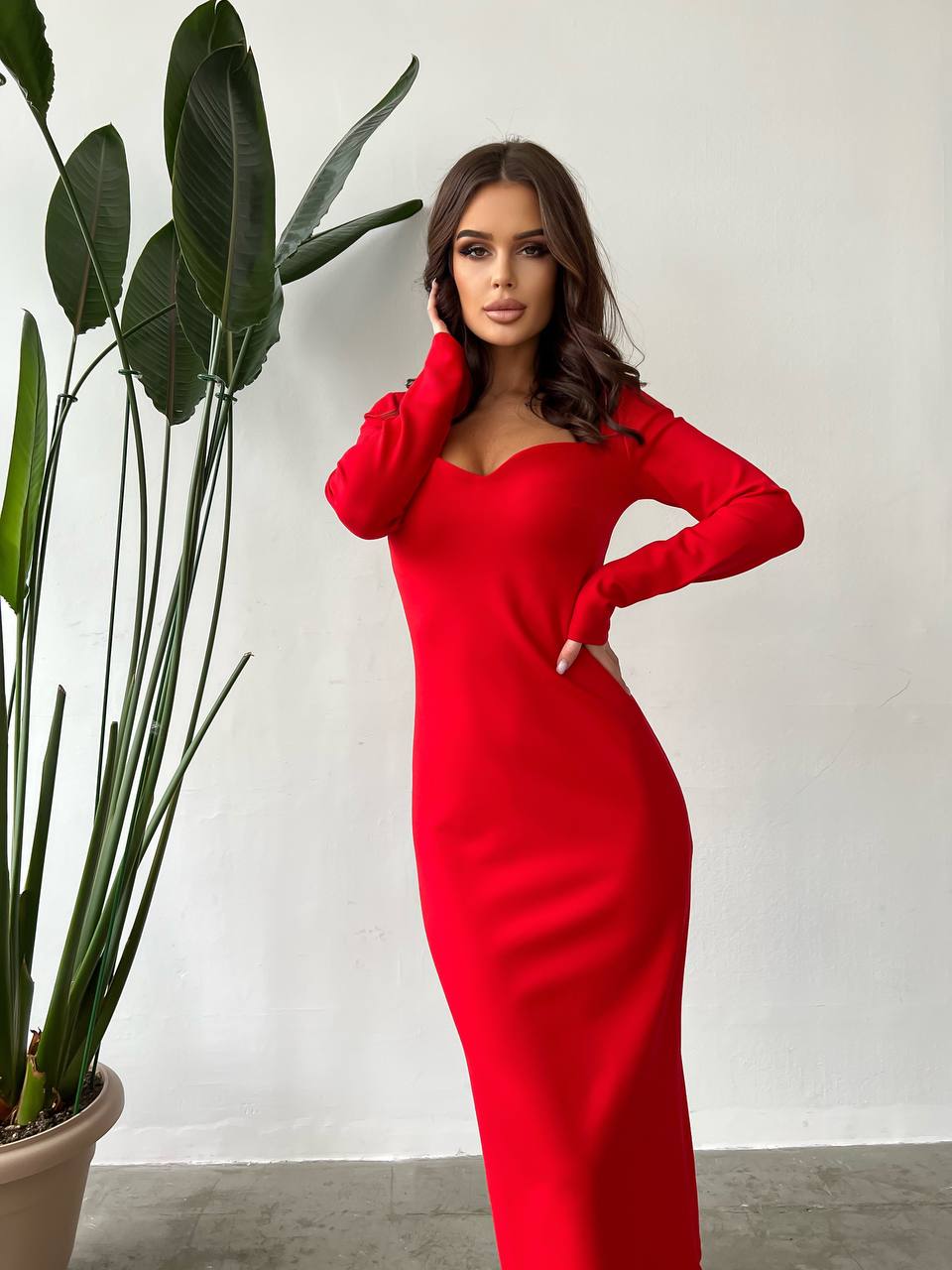 Red Long Sleeve Bodycon Midi Dress French Knitwear Alex Premium