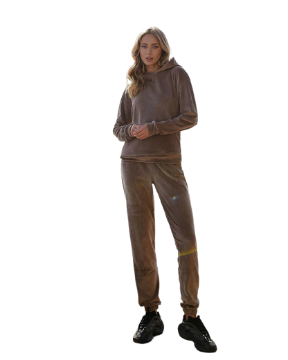 Womens Velour Suit with Double Hood Hoodie and Jogger Pants
