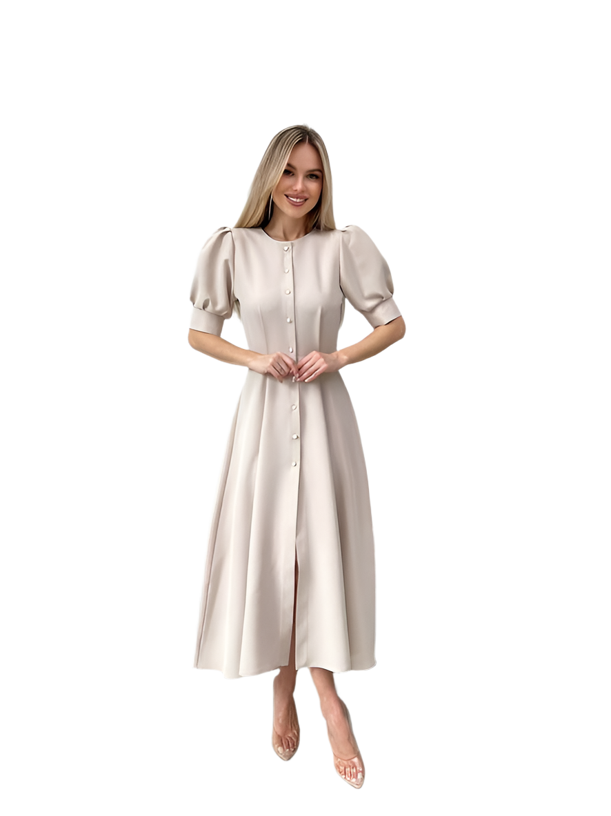 Elegant Women's Midi Dress with Puff Sleeves in Light Beige