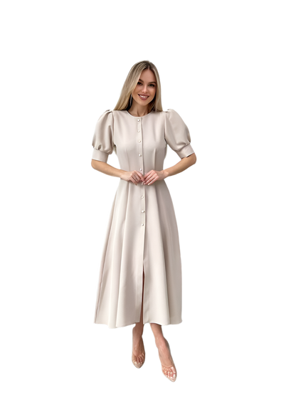 Elegant Women's Midi Dress with Puff Sleeves in Light Beige