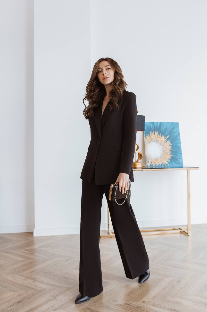 Black Palazzo Suit for Women Diagonal Crepe Tailored Wide Leg Pantsuit