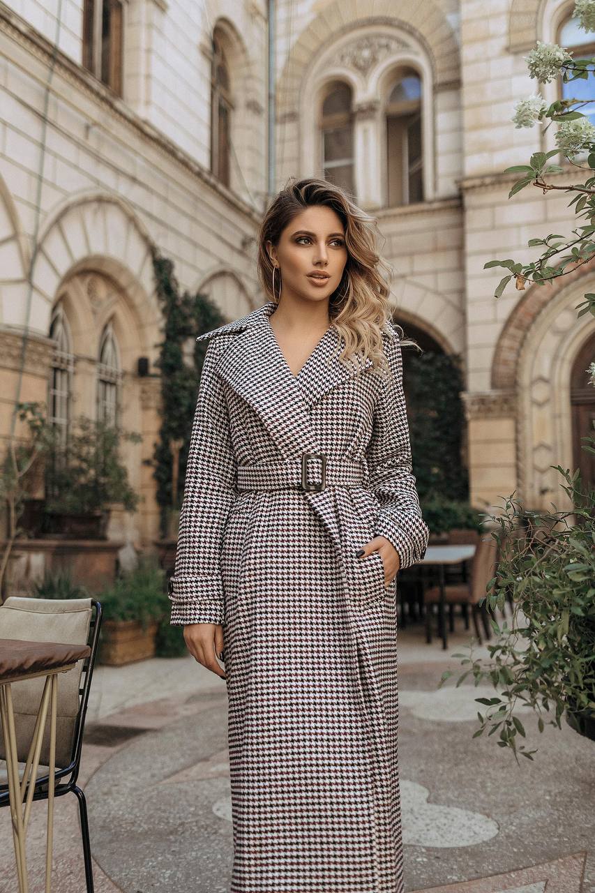 Womens Turkish Fabric Houndstooth Pattern Coat Long Trench Style Belted