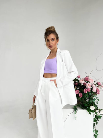 White Palazzo Suit Diagonal Crepe Womens Pantsuit with Premium Lining