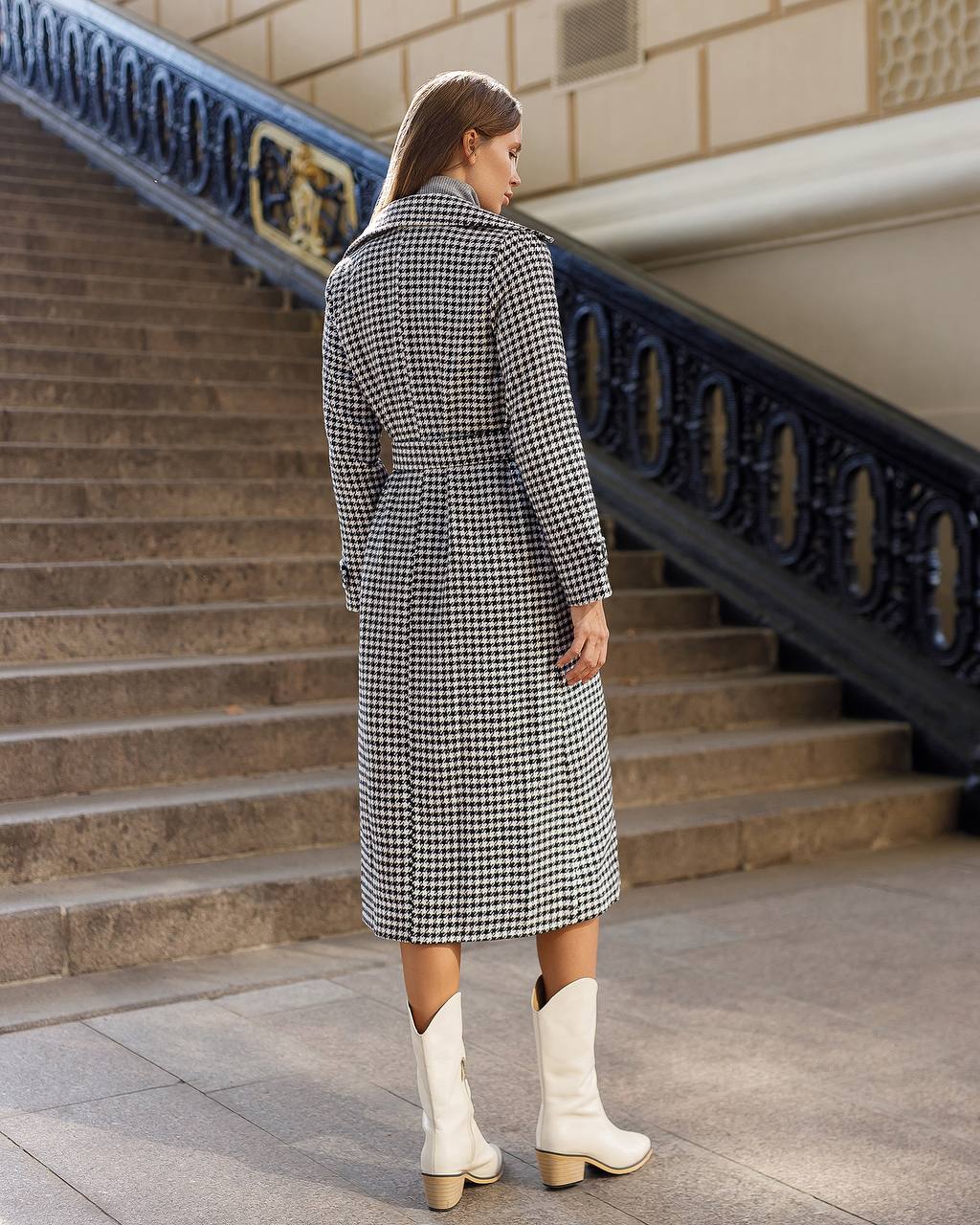 Womens Houndstooth Turkish Coat with Belt