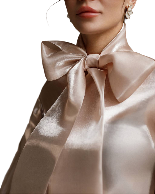 Close-up of a person wearing a large satin bow tie on a white background