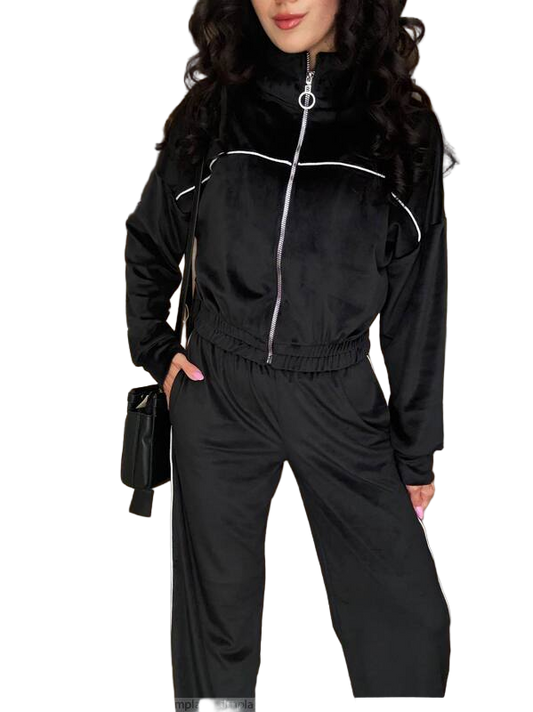 Black tracksuit with white zipper details on a white background