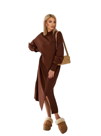 Woman wearing a brown dress with a beige handbag on a white background