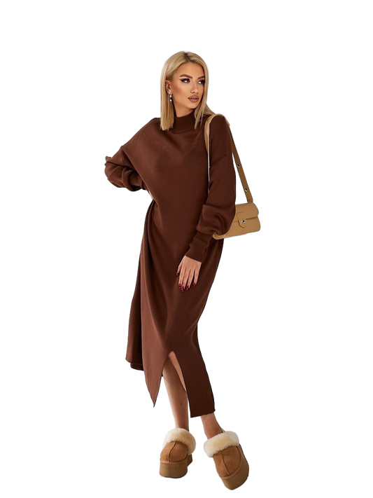 Woman wearing a brown dress with a beige handbag on a white background