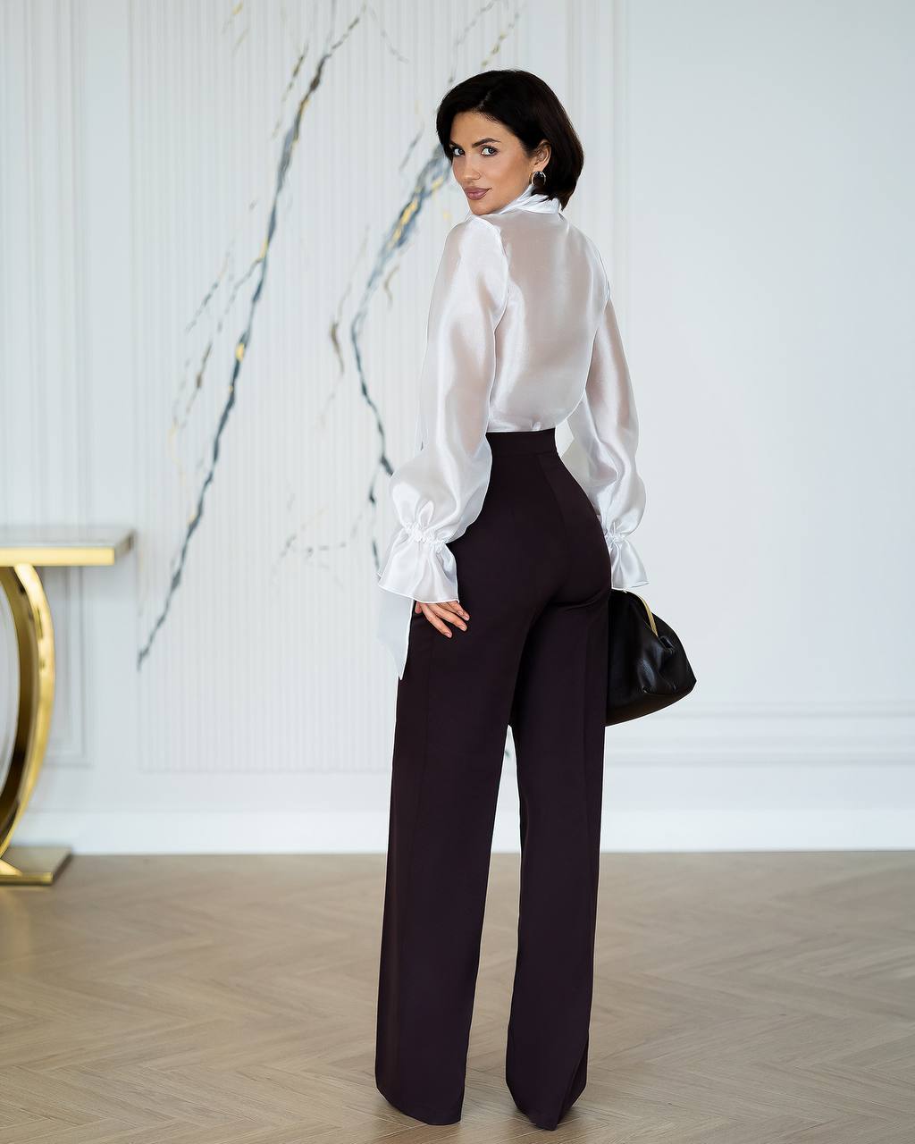 Womens Satin Finish Tie Neck Blouse with Voluminous Sleeves