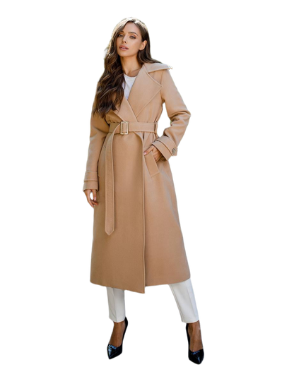Womens Long Beige Turkish Fabric Coat with Belt