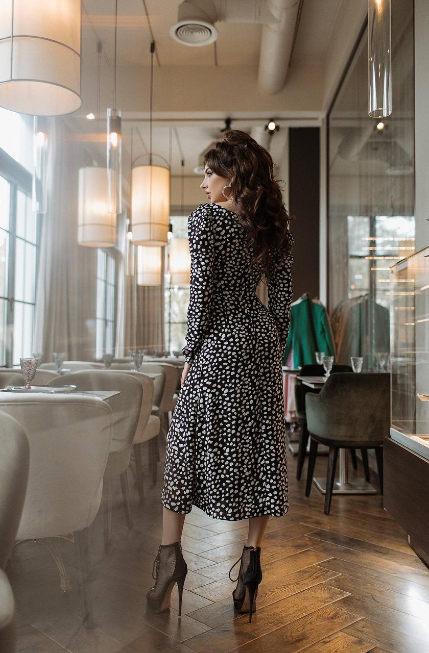 Black and Cream Stain Print Dress with Long Sleeves and Side Slit