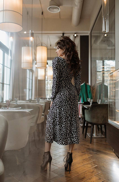 Black and Cream Stain Print Dress with Long Sleeves and Side Slit