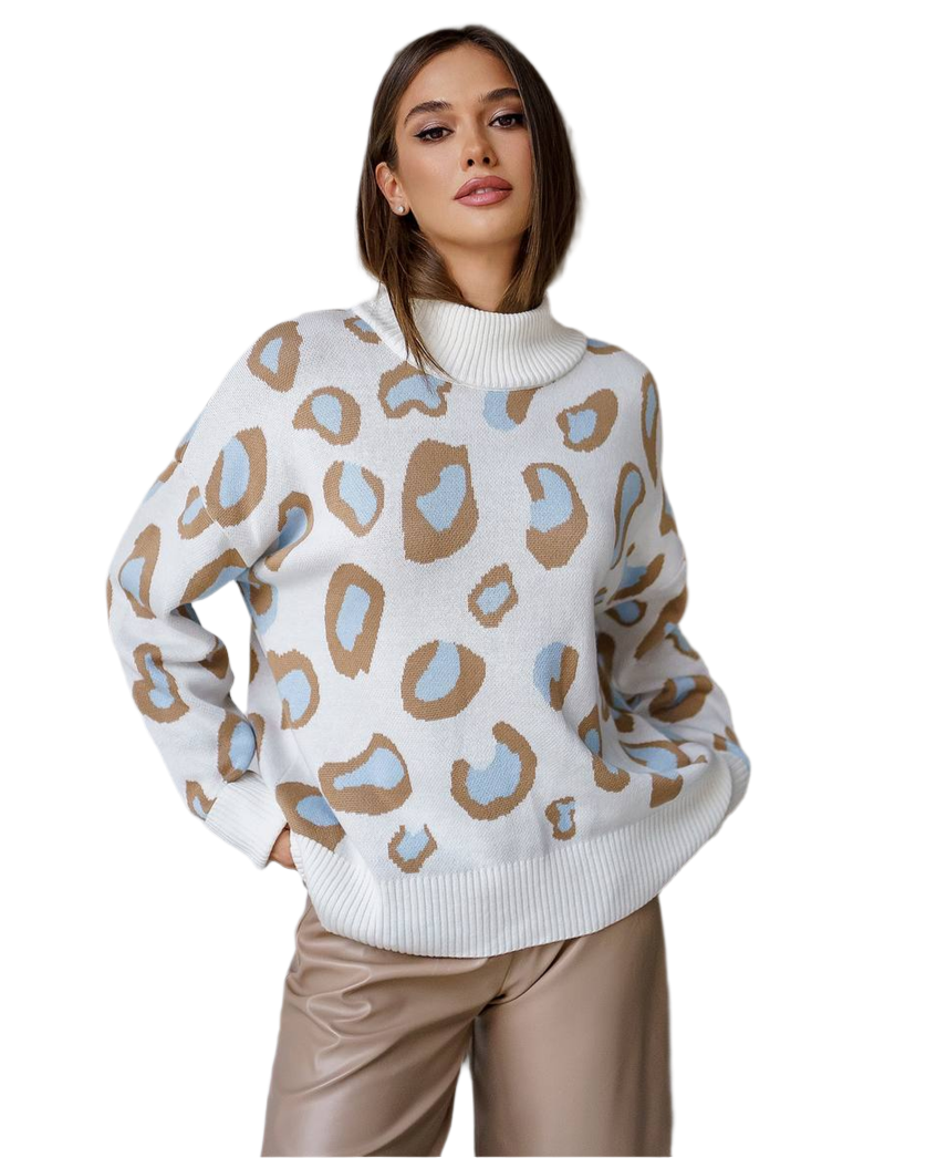 Womens Leopard Print Sweater Soft Turtleneck Pullover Knit Jumper