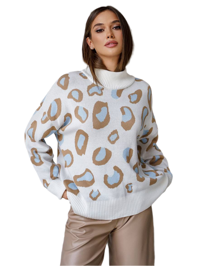 Womens Leopard Print Sweater Soft Turtleneck Pullover Knit Jumper