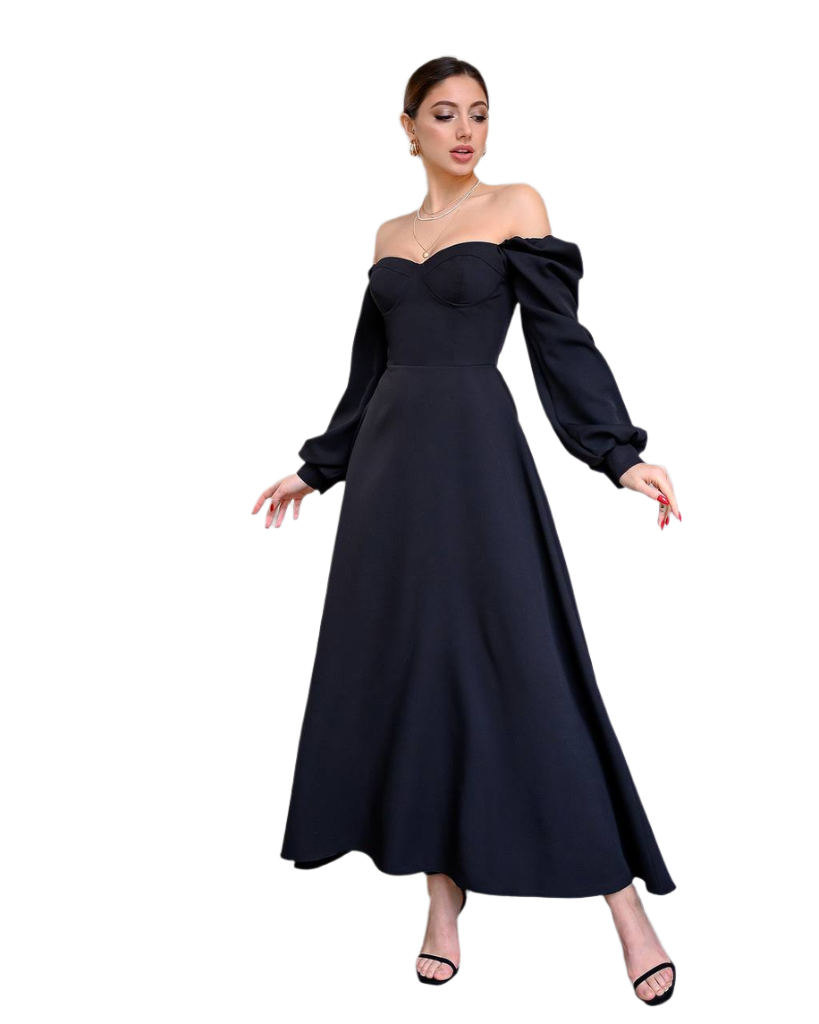 Elegant Black Dress with Cups and Long Sleeves for Women