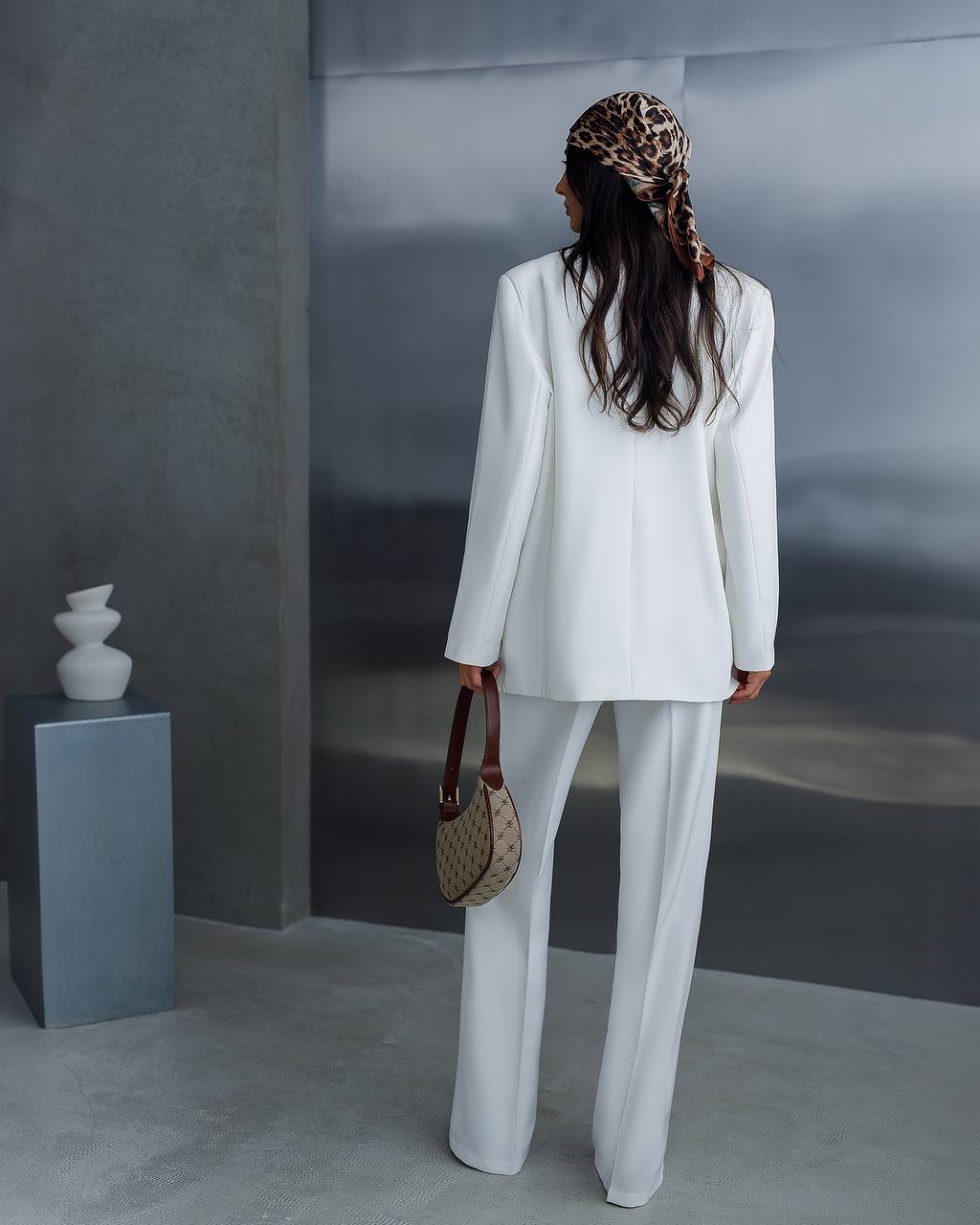 Womens White Three Piece Suit Premium Crepe Diagonal Fabric