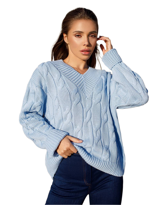 Womens Cable Knit Sweater Oversized V Neck Pullover