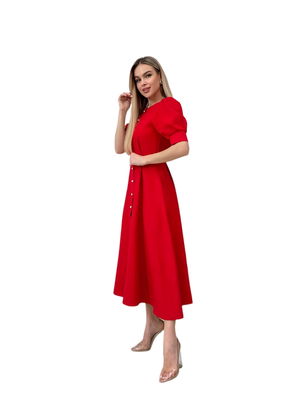 Elegant Red Midi Dress with Button Front and Puff Sleeves